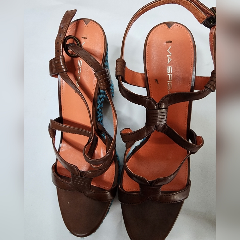 Brown and Blue Wedge Sandals